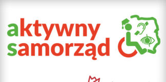 W lewym górnym rogu widnieje napis "aktywny samorząd". Pierwsze litery słów są zielone, a reszta czerwona. W prawym dolnym rogu umieszczone jest logo PFRON.