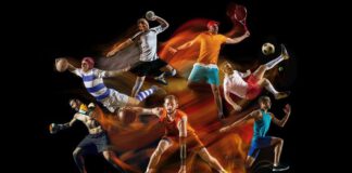 na zdjęciu widocznych jest 7 postaci, któe uprawiają sporty takie jak piłka nożna, rugby, koszykówka, boks, tenis. Są one ubrane w sportowe stroje. Wszystko to znajduje się na czarnym tle.