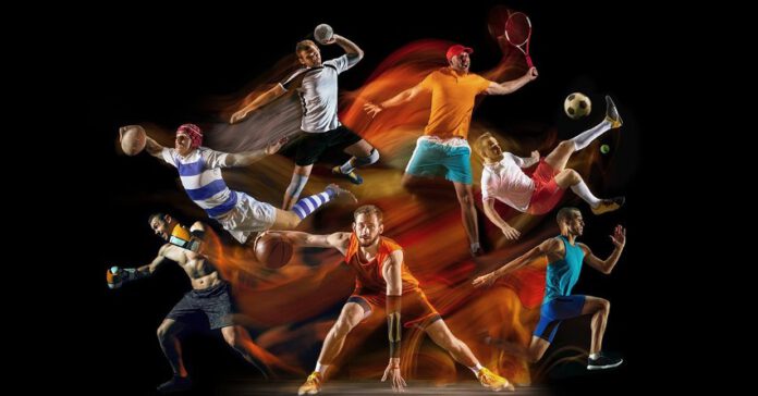 na zdjęciu widocznych jest 7 postaci, któe uprawiają sporty takie jak piłka nożna, rugby, koszykówka, boks, tenis. Są one ubrane w sportowe stroje. Wszystko to znajduje się na czarnym tle.