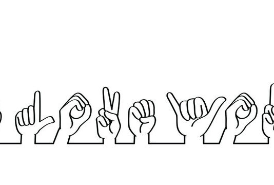 obrazek przedstawia czarne kontury dłoni na białym tle ukazujące w języku migowym