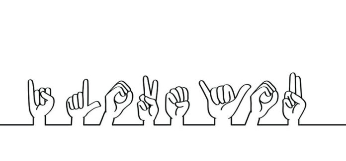 obrazek przedstawia czarne kontury dłoni na białym tle ukazujące w języku migowym