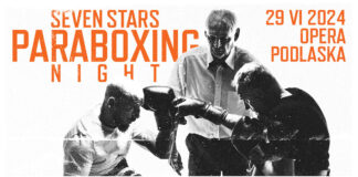 plakat promujący gale paraboxu, białe tło, dwie zaciemnione postacie boksują nad nimi na środku widnieje sędzia, na drugim planie pomarańczowy napis "seven stars paraboxing night"