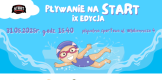 Plakat promujący IX edycję wydarzenia „Pływanie na Start”, które odbędzie się 31 maja 2025 roku o godzinie 15:40 na Pływalni Sportowej w Białymstoku, przy ul. Włókienniczej 4. Na środku grafiki znajduje się rysunkowa postać uśmiechniętego dziecka w okularach pływackich i czepku, pływającego w wodzie. W tle niebieska, animowana tafla wody. U góry widoczne logo START Białystok, a na dole logotypy partnerów wydarzenia: PFRON, Miasto Białystok, Województwo Podlaskie, Ministerstwo Sportu i Turystyki oraz PZSN Start.