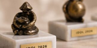 Figurki z brązu stoją na marmurowych podstawach, a każda z nich ma metalową tabliczkę z wygrawerowanym napisem „IDOL 2026”. Figurki posiadają abstrakcyjny, artystyczny design, oddający siedzącą formę. Są one wyświetlane na jasnej, teksturowanej powierzchni. Koncentrujemy się na figurce na pierwszym planie, a druga jest rozmyta w tle.