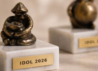 Figurki z brązu stoją na marmurowych podstawach, a każda z nich ma metalową tabliczkę z wygrawerowanym napisem „IDOL 2026”. Figurki posiadają abstrakcyjny, artystyczny design, oddający siedzącą formę. Są one wyświetlane na jasnej, teksturowanej powierzchni. Koncentrujemy się na figurce na pierwszym planie, a druga jest rozmyta w tle.