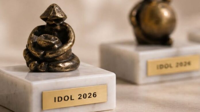 Figurki z brązu stoją na marmurowych podstawach, a każda z nich ma metalową tabliczkę z wygrawerowanym napisem „IDOL 2026”. Figurki posiadają abstrakcyjny, artystyczny design, oddający siedzącą formę. Są one wyświetlane na jasnej, teksturowanej powierzchni. Koncentrujemy się na figurce na pierwszym planie, a druga jest rozmyta w tle.