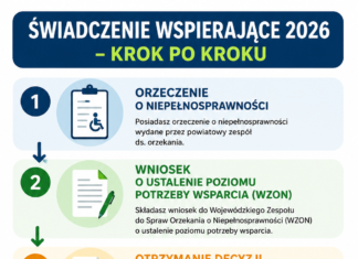 Infografika przedstawiająca pięć kroków uzyskania świadczenia wspierającego w 2026 roku: orzeczenie o niepełnosprawności, złożenie wniosku o ustalenie poziomu potrzeby wsparcia do WZON, otrzymanie decyzji z liczbą punktów, złożenie elektronicznego wniosku do ZUS oraz wypłatę świadczenia.
