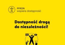 Grafika PFRON: postać z uniesionymi rękami otoczona symbolami dostępności (napisy CC, oko, ucho, ręka) – hasło „Dostępność drogą do niezależności!”